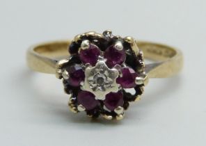 A 9ct gold, diamond and ruby ring, 2.5g, N