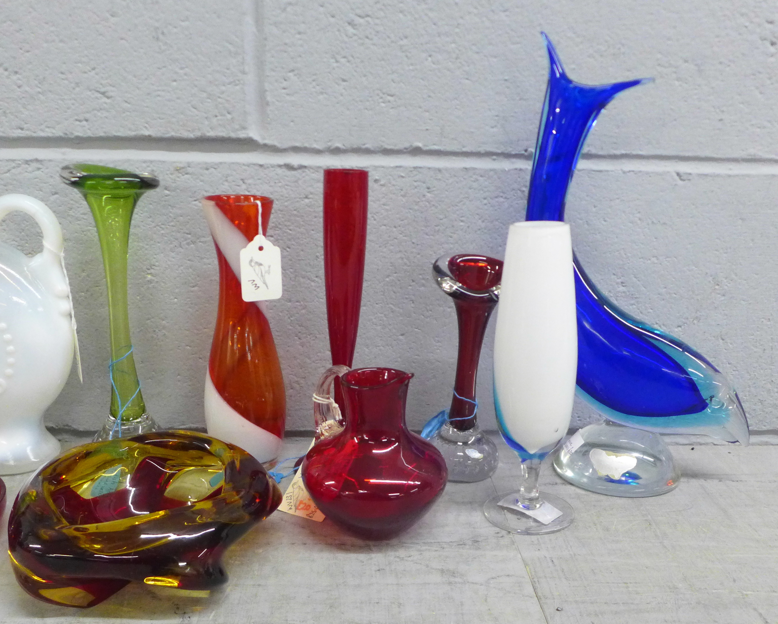 A box of mixed coloured glass including Murano clown, West German vase, Swedish bud vases **PLEASE - Image 4 of 4