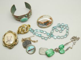 Jewellery including a green stone set Art Deco necklace, an agate brooch, a silver and butterfly