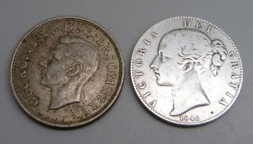 An 1845 silver crown and a 1937 crown