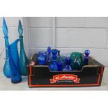 Two boxes of blue and turquoise glass, decanters, vases, bowl, etc. **PLEASE NOTE THIS LOT IS NOT