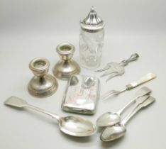 A collection of silver items; three Irish silver spoons, one other silver spoon, a cigarette case, a