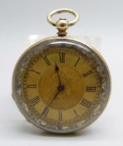 A yellow metal fob watch, 32.8g, and a 9ct gold bow brooch, 2g