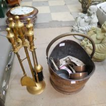 A copper coal scuttle, brass companion set, copper pans, etc.