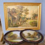 A pair of oval rural landscapes, oil on board, framed and a print