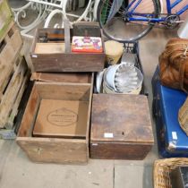 Assorted wooden crates and tin ware