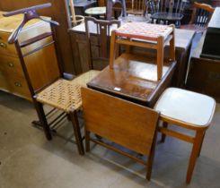 An oak drop-leaf trolley, a teak stool, a Weber mahogany valet stand, a teak folding table and two