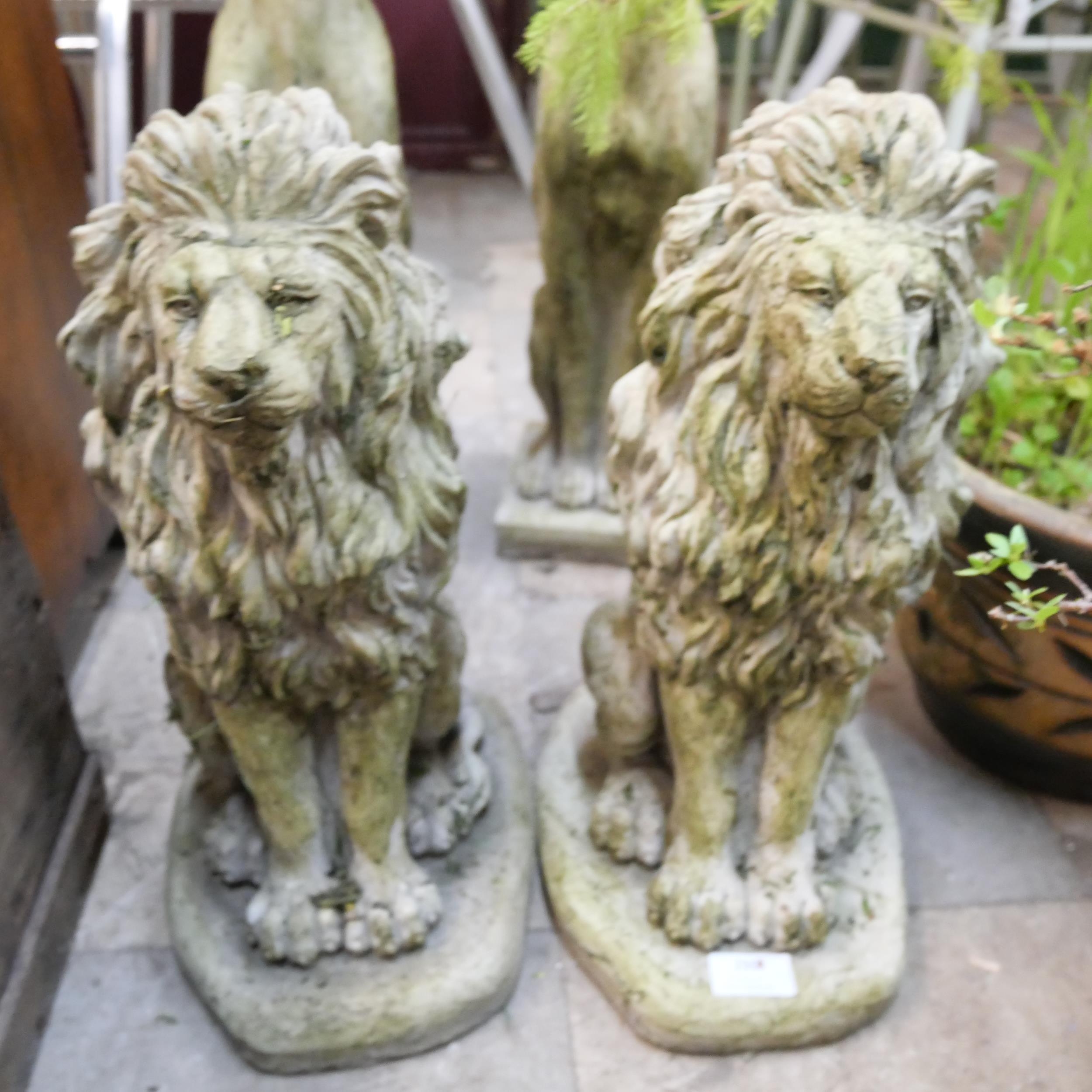 A pair of concrete garden figures of seated concrete lions