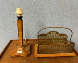 An Edward VII oak and brass letter rack and an Art Deco walnut table lamp