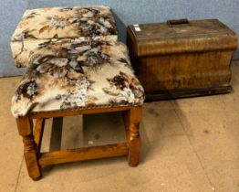 A cased sewing machine, sewing box and a footstool