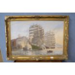 Philip Kilner (fl.1920-1940), galleons in a harbour, oil on canvas, framed