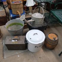 An ammunition box, galvanised watering can, bucket, flour bin and a small wine barrel