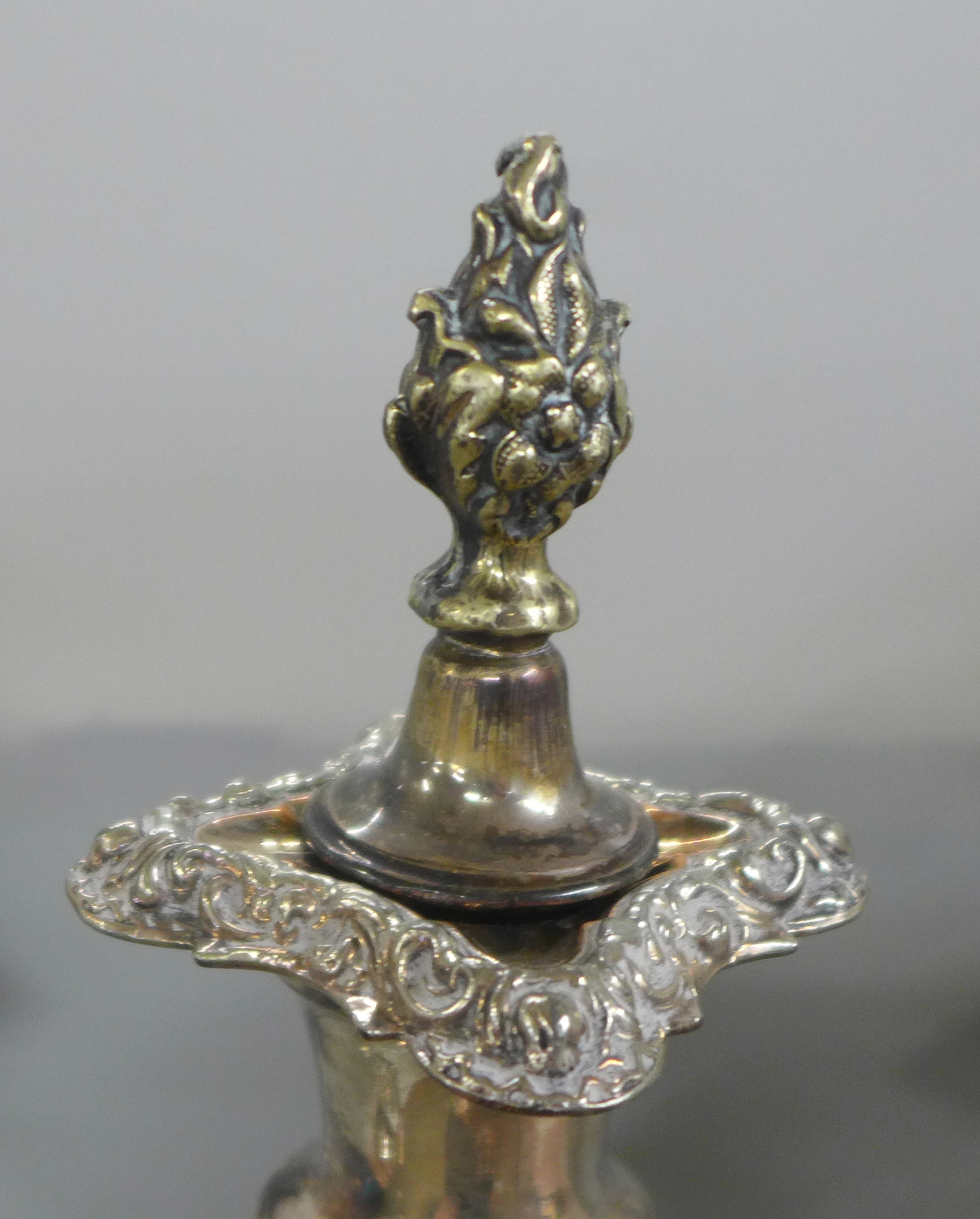 A silver plate on copper tall candelabra with two pairs of candlesticks, one a/f and a set of six - Image 4 of 11