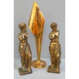 A pair of copper toned metal figures of Aphrodite and a Rhodesia copper vase