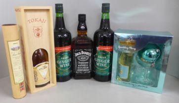 A bottle of Jack Daniels, whisky miniatures, ginger wine, Tokaji and Babycham, etc. **PLEASE NOTE