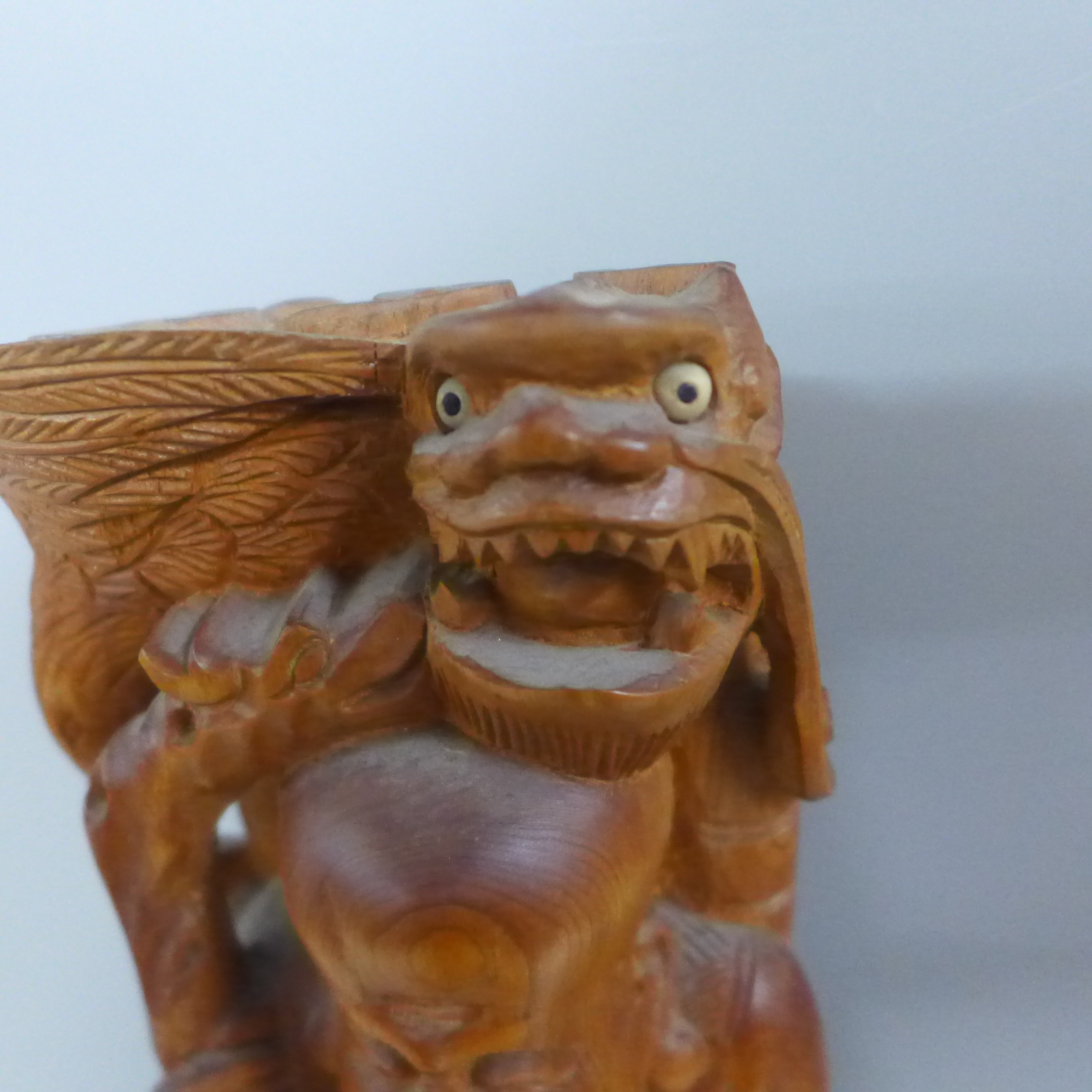 An oriental wooden carving with bone inset eyes, 39.5cm - Image 2 of 9