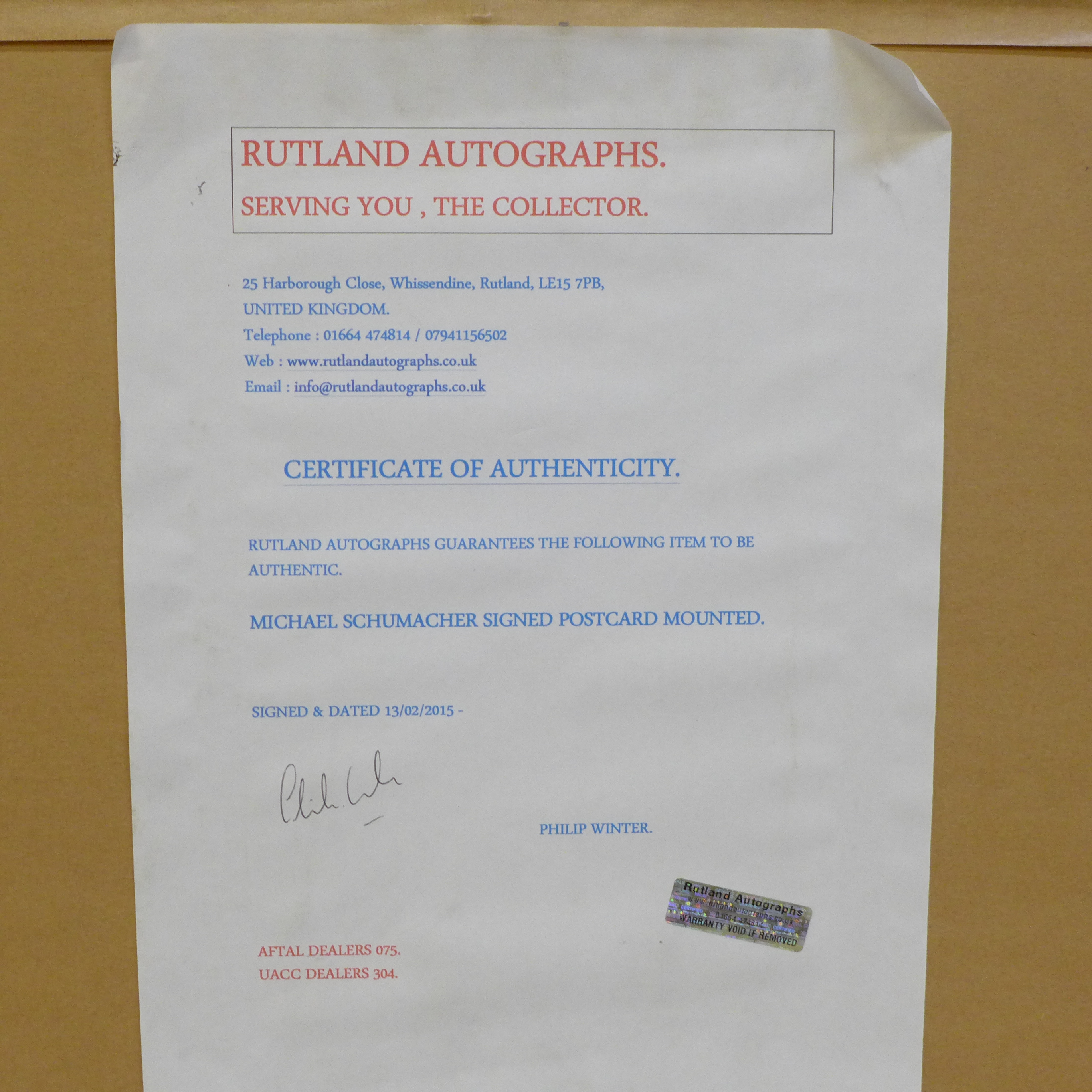 A Michael Schumacher autograph display with Rutland Autographs AFTAL registered C.O.A. - Image 5 of 5