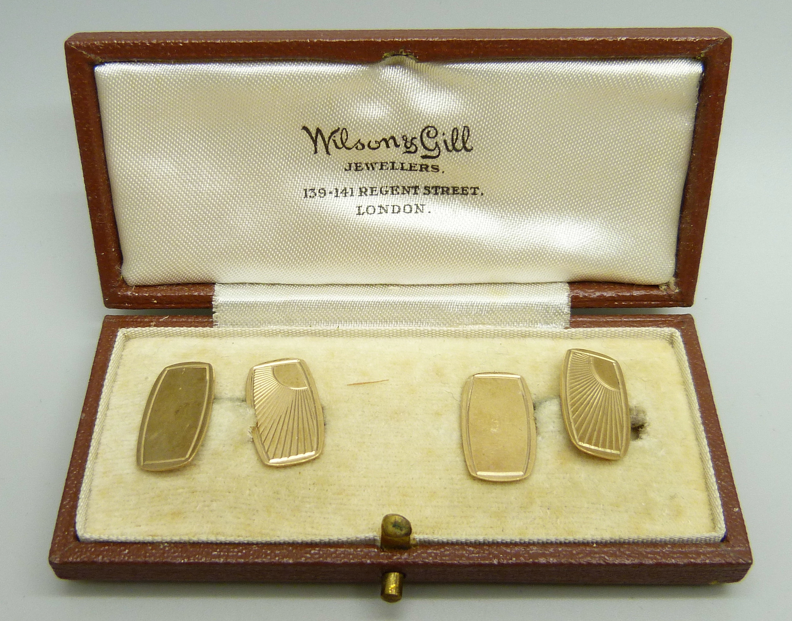 A pair of 9ct gold Art Deco cufflinks in a fitted case, 4g