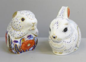 Two Royal Crown Derby paperweights; Poppy Mouse and Bunny with gold stoppers, boxed