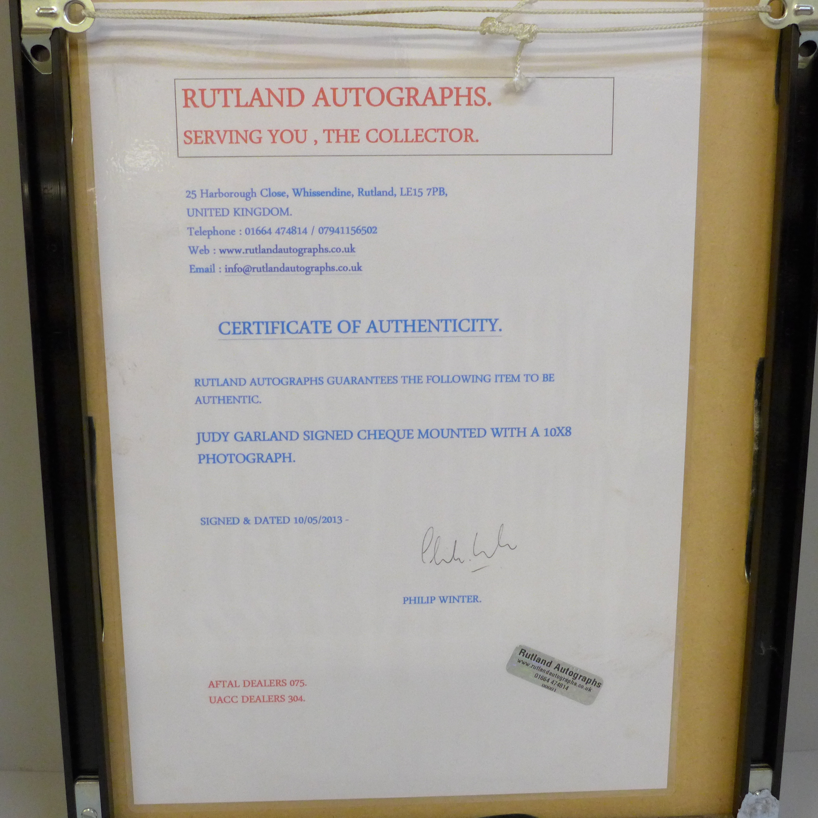 A Judy Garland signed cheque and photograph display with Rutland Autographs AFTAL registered C.O.A. - Image 3 of 3