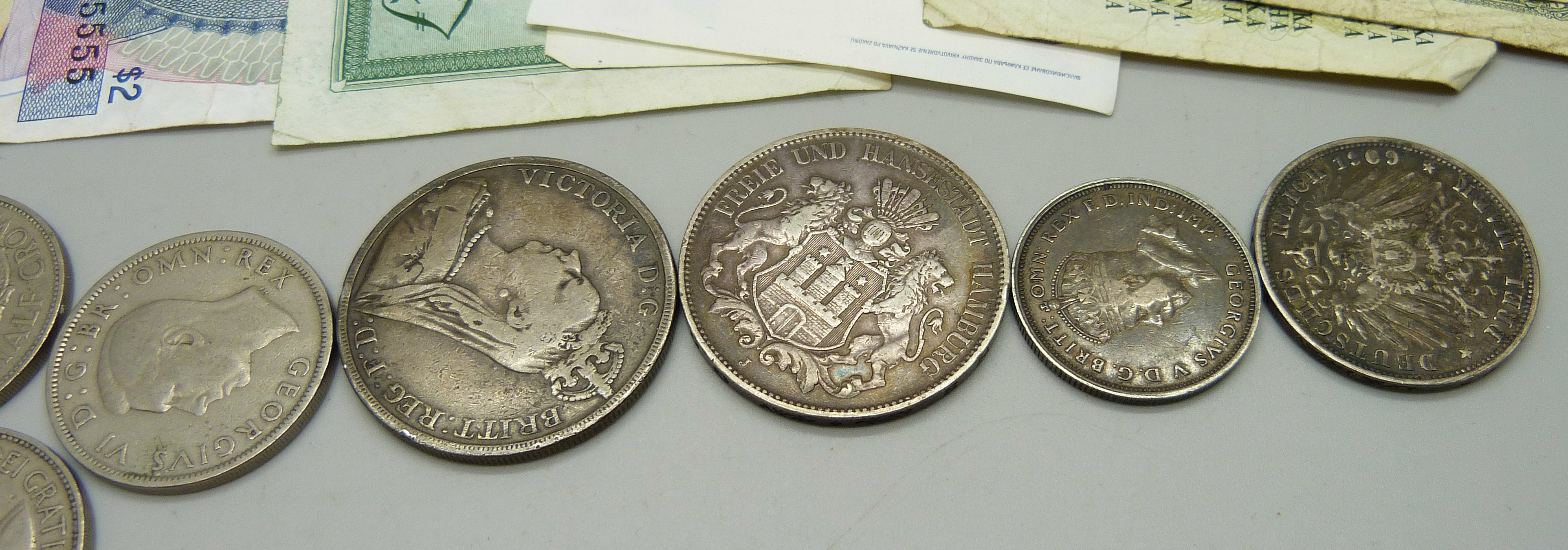 A collection of foreign bank notes, British and foreign coins including an 1889 crown and 1887 - Image 5 of 5