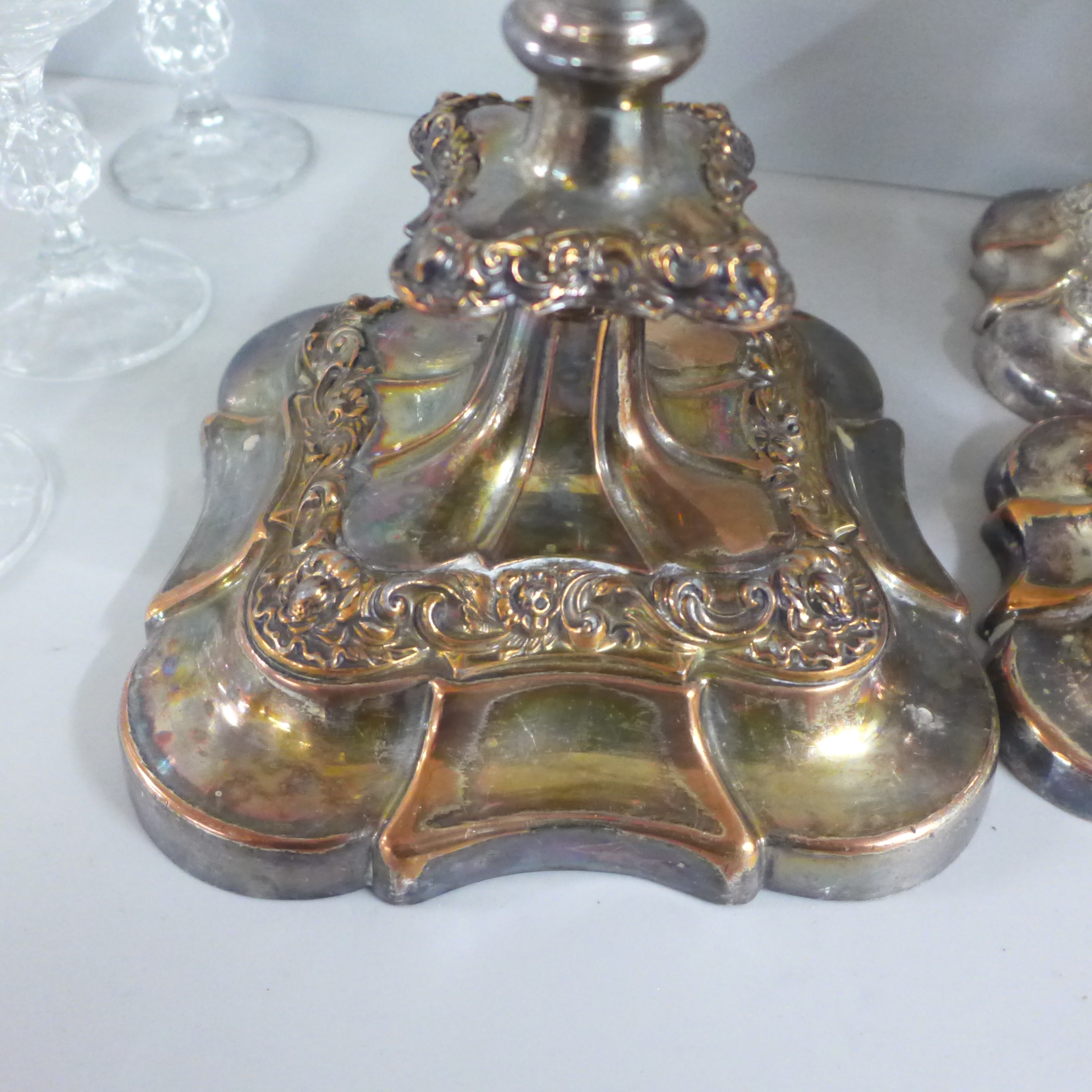 A silver plate on copper tall candelabra with two pairs of candlesticks, one a/f and a set of six - Image 2 of 11