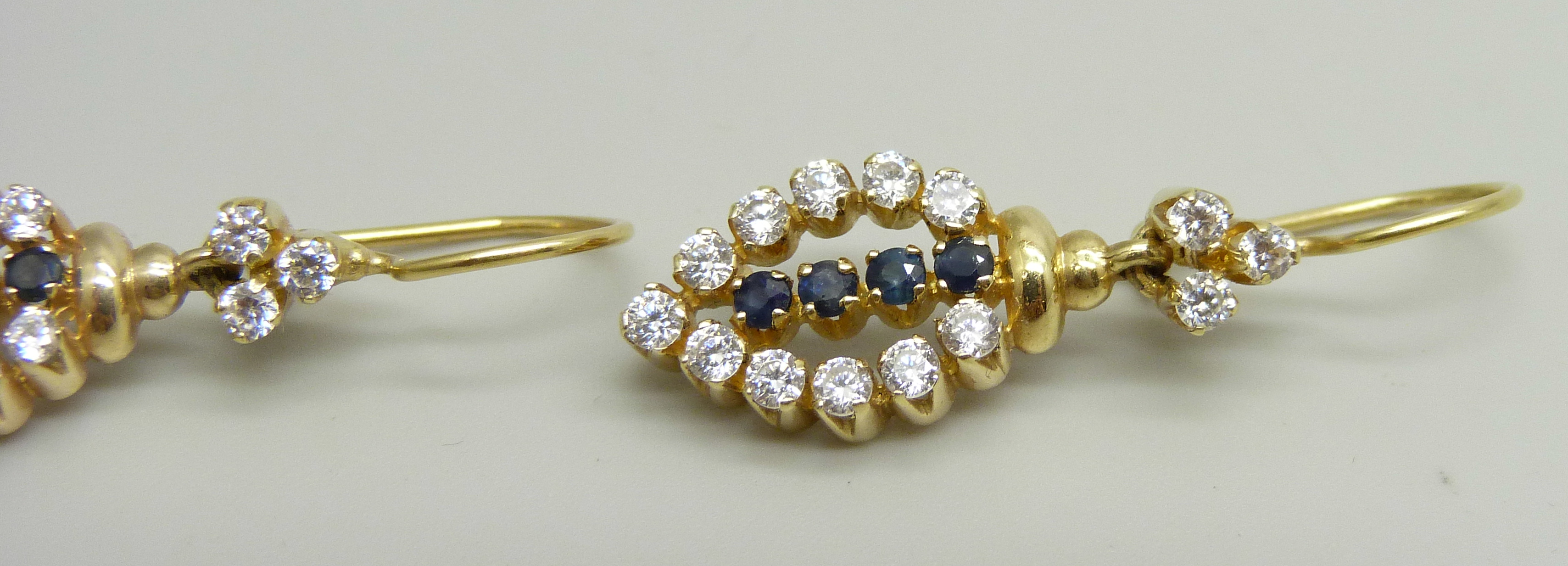 A pair of yellow metal drop earrings set with white and dark blue stones, approximately 3.6cm drop - Image 3 of 4