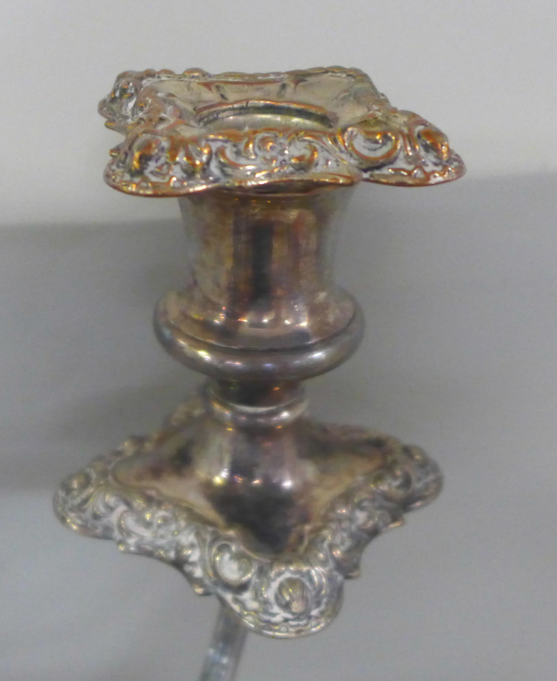 A silver plate on copper tall candelabra with two pairs of candlesticks, one a/f and a set of six - Image 3 of 11