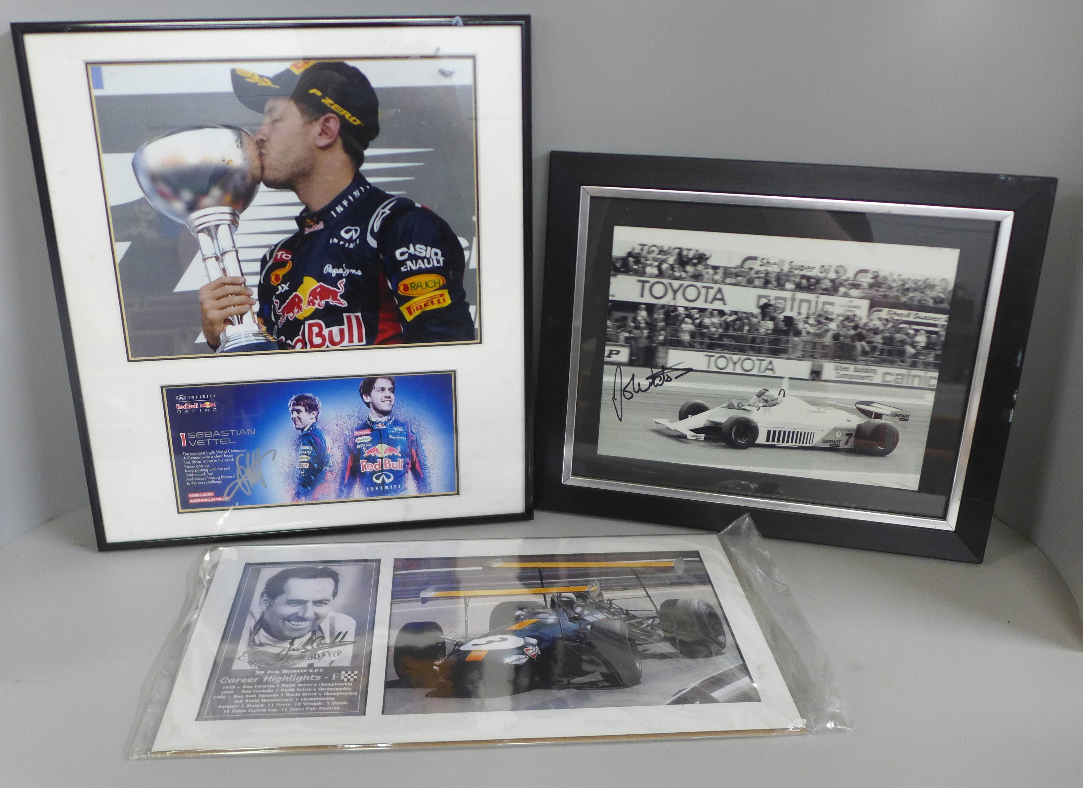 Three motor racing autograph displays, Jack Brabham, John Watson and Sebastian Vettel, each with C.