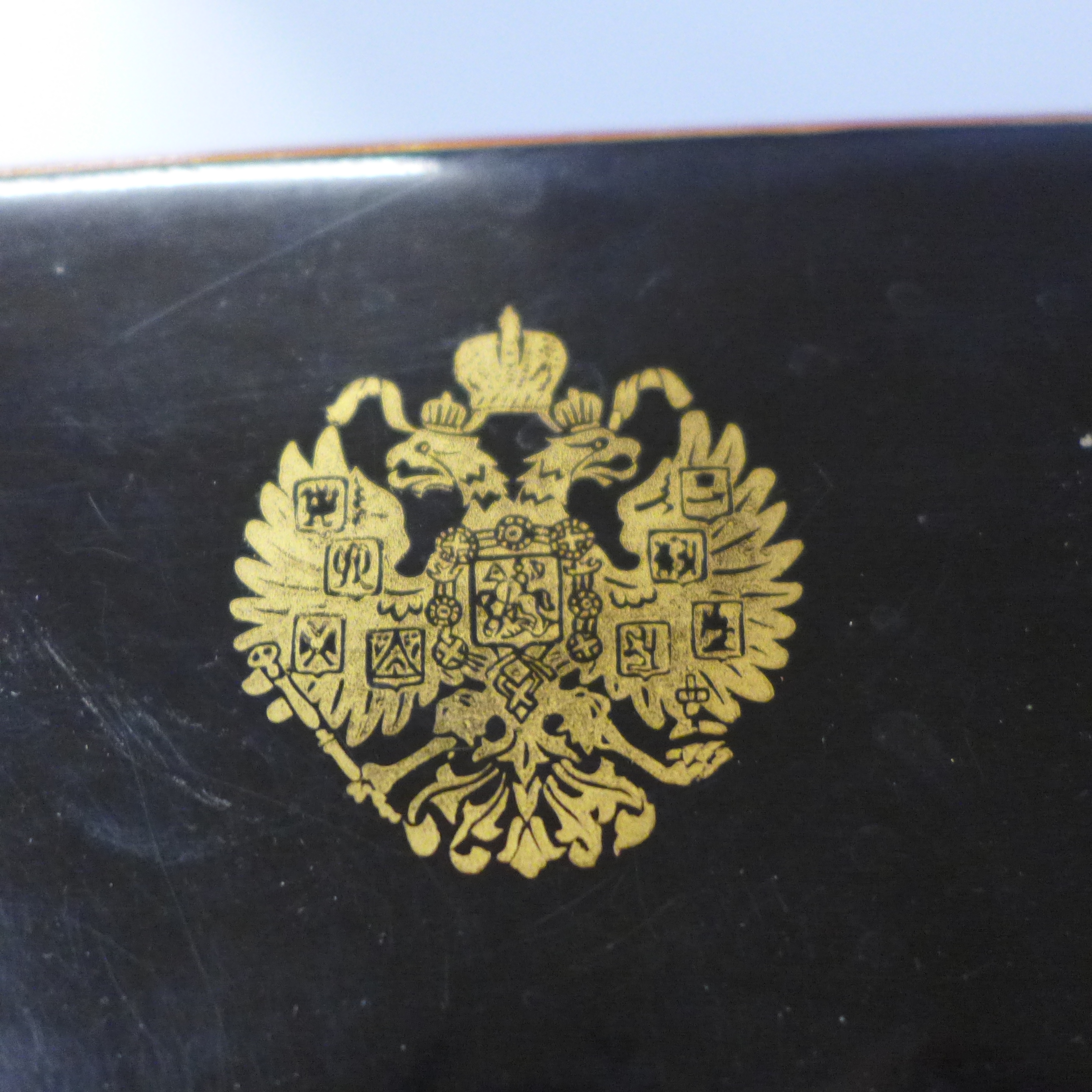 A lacquered wooden box with Imperial Russian emblem on lid, a/f - Image 3 of 3