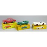 Three Dinky Toys die-cast model vehicles, Volvo 122S 184, Mercedes-Benz 237 and Vanwall Racing Car