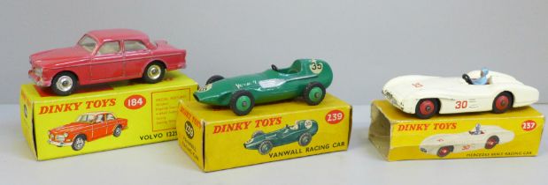 Three Dinky Toys die-cast model vehicles, Volvo 122S 184, Mercedes-Benz 237 and Vanwall Racing Car