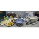 A collection of china, glass and EPNS including jelly moulds, vases, a jardiniere, a meat plate,