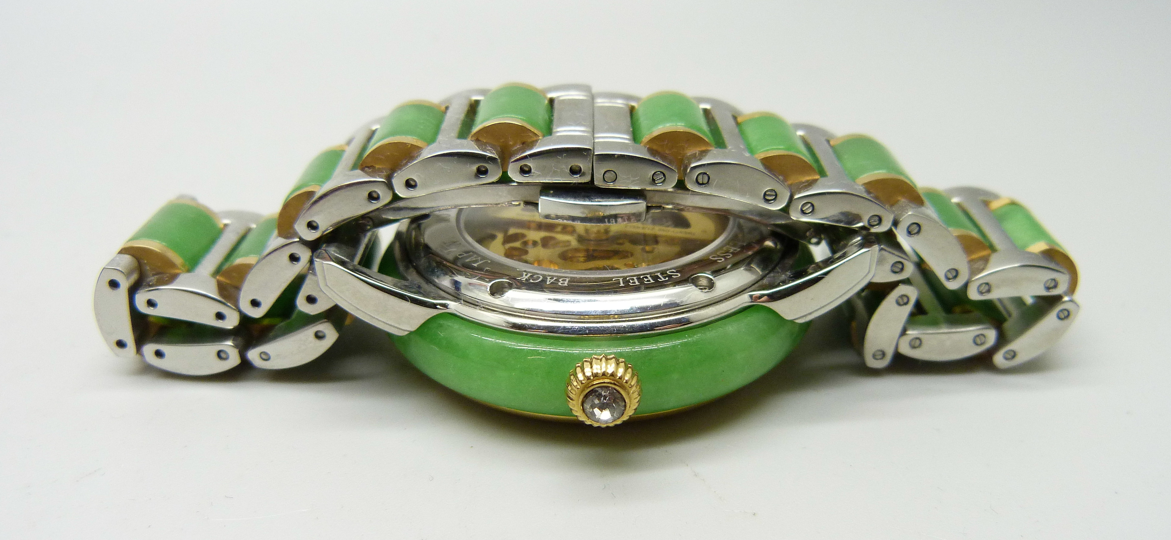 An Eon wristwatch with jade bezel and jade inset to bracelet strap, skeleton movement, 44mm - Bild 4 aus 6