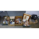 Five boxes of mixed decorative china, model of HMS Victory, Lord of the Rings charger, crystal,