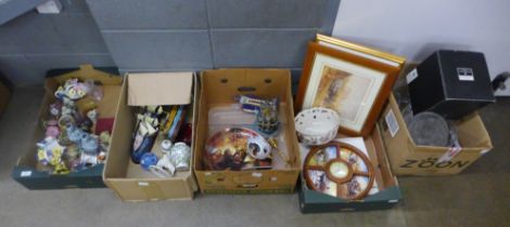 Five boxes of mixed decorative china, model of HMS Victory, Lord of the Rings charger, crystal,