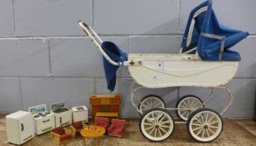 A child's pram and a collection of dolls house furniture **PLEASE NOTE THIS LOT IS NOT ELIGIBLE