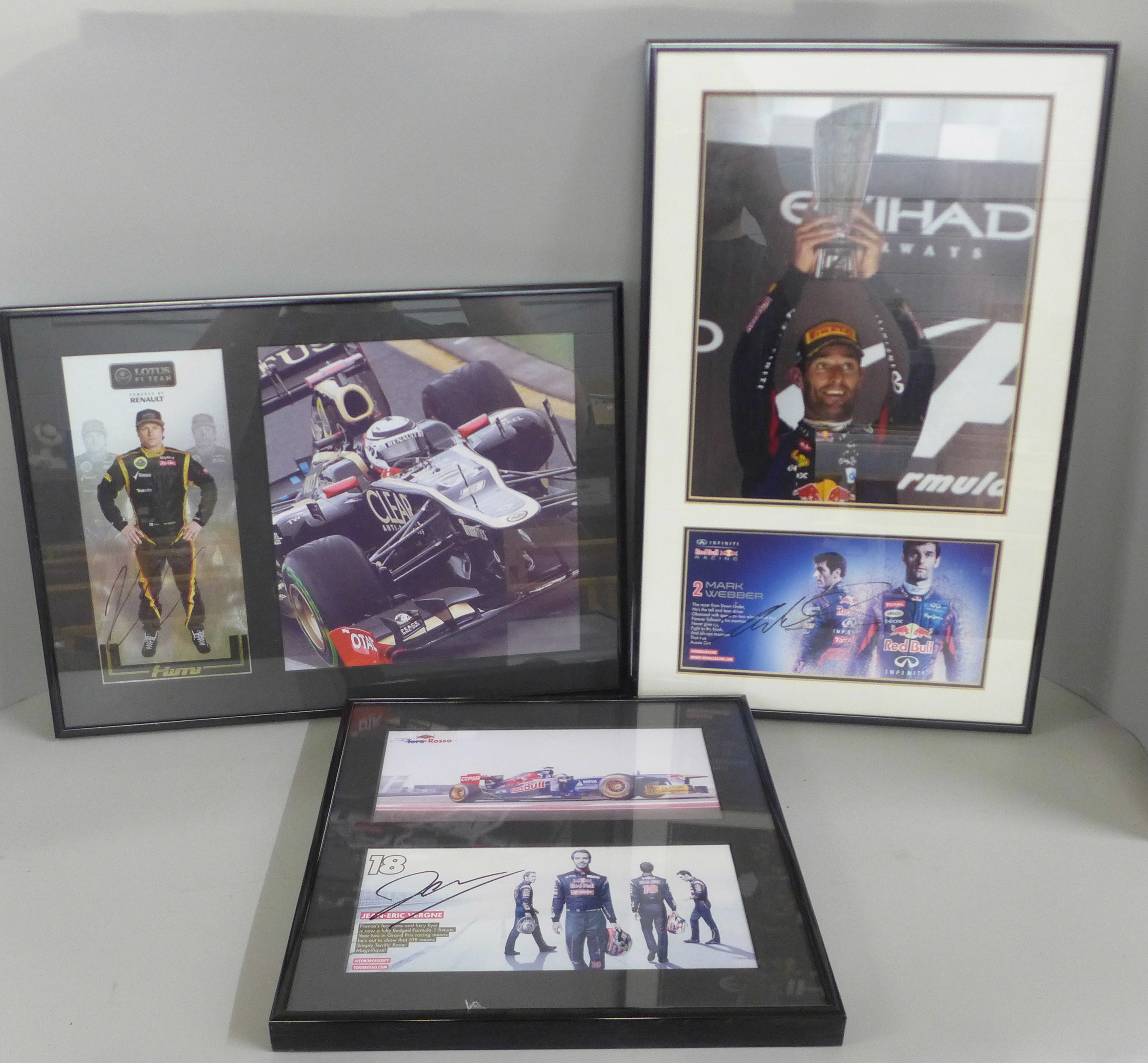 Three motor racing autograph displays, Jean-Eric Vergne, Mark Webber and Kimi Räikkönen, each with