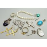 A cultured pearl bracelet with silver clasp, a silver pendant set with a turquoise coloured stone, a