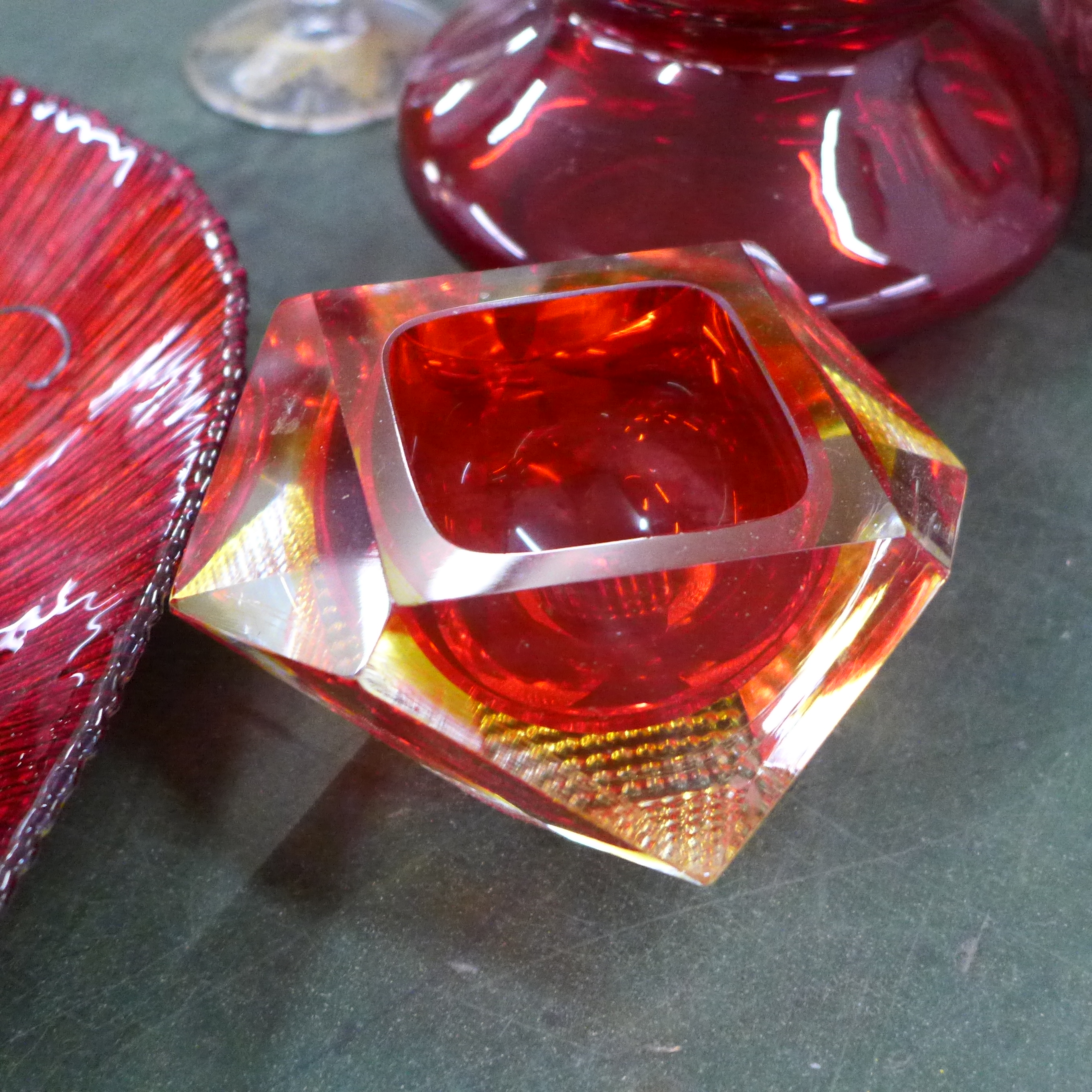 A collection of red glass, a pair of lustres with red and gilt decoration and a copper vase **PLEASE - Image 3 of 4