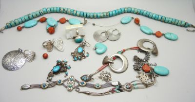 A collection of silver jewellery including three pairs of earrings, three rings, two pendants and