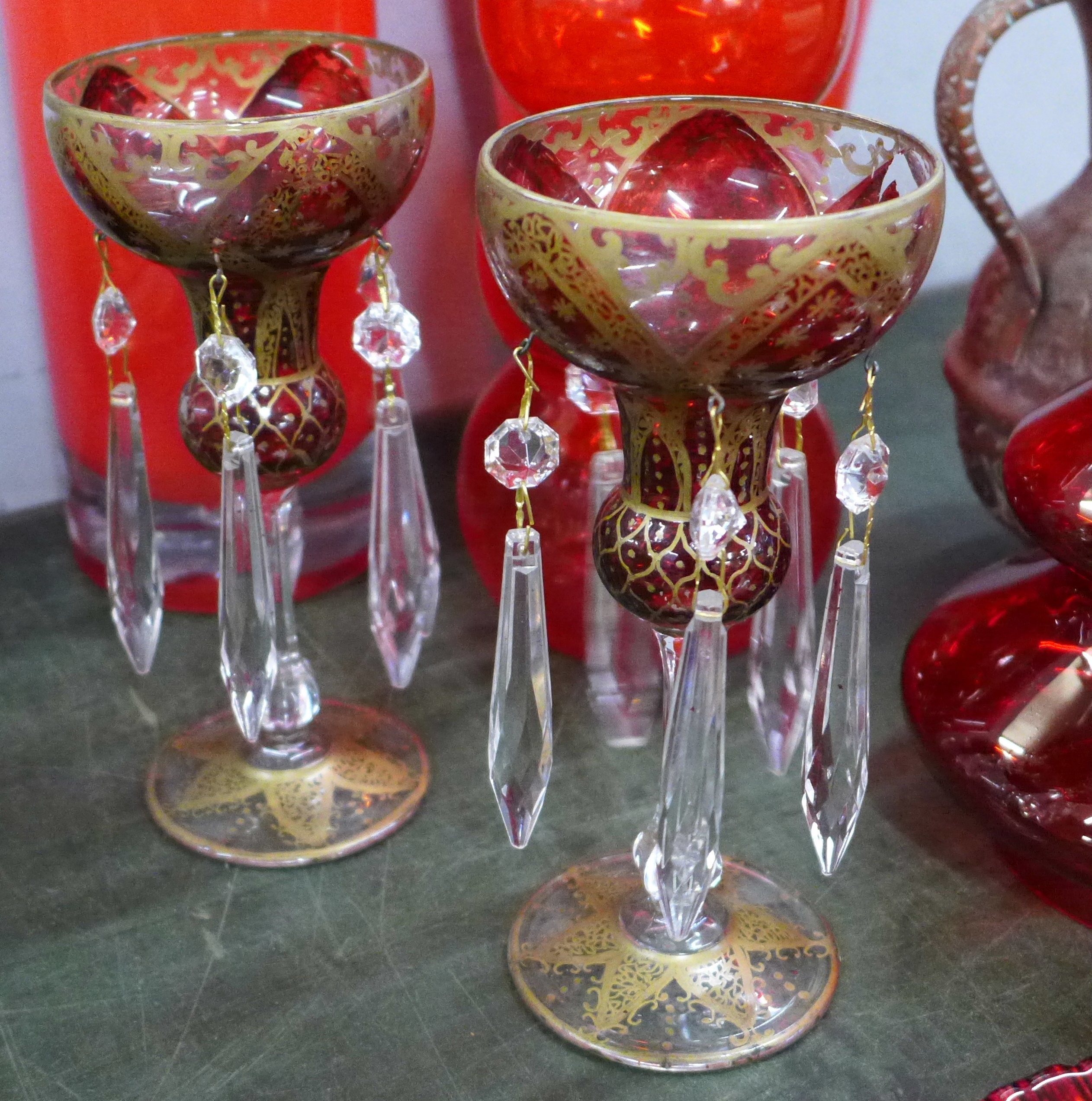 A collection of red glass, a pair of lustres with red and gilt decoration and a copper vase **PLEASE - Image 2 of 4