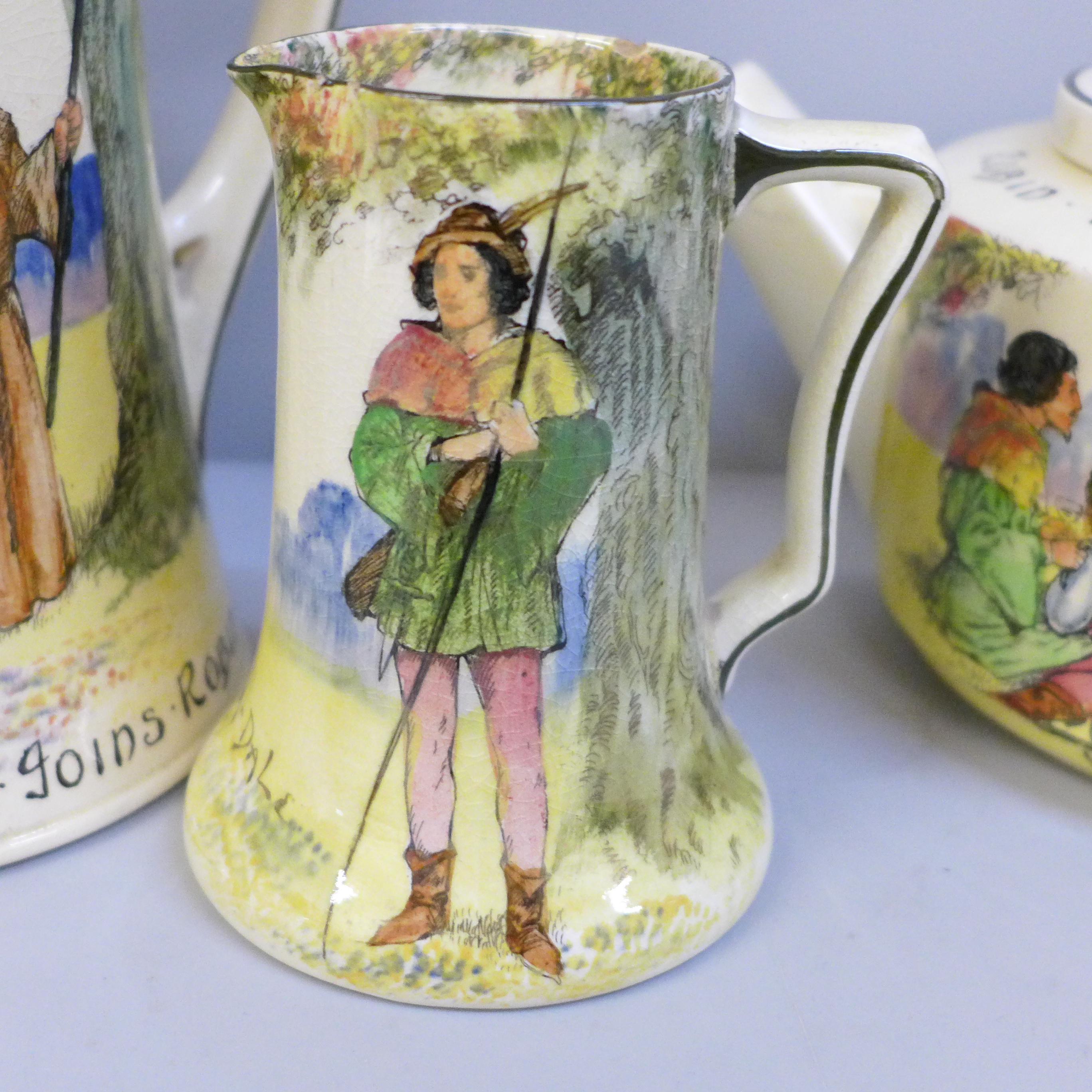 Two Royal Doulton Robin Hood Series Ware jugs, one jug with hairline crack and a teapot - Image 2 of 7