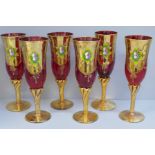 A set of six Bohemian ruby glass and gold wines