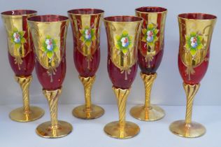 A set of six Bohemian ruby glass and gold wines