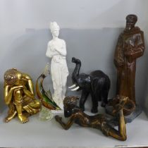 Two boxes of ornaments, a gold tone sleeping Buddha, 1950s vase, Franklin Mint Destiny figure, Roman