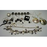 A collection of silver jewellery including a necklace with pearl drops, two shell pendants on