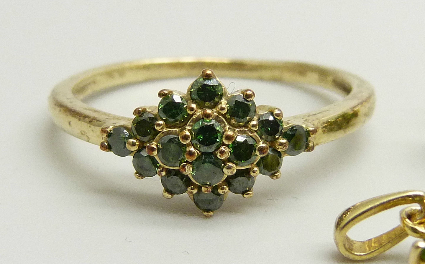 A 9ct gold and green diamond cluster ring, 2.5g, U, and a pair of silver gilt earrings and - Image 2 of 4