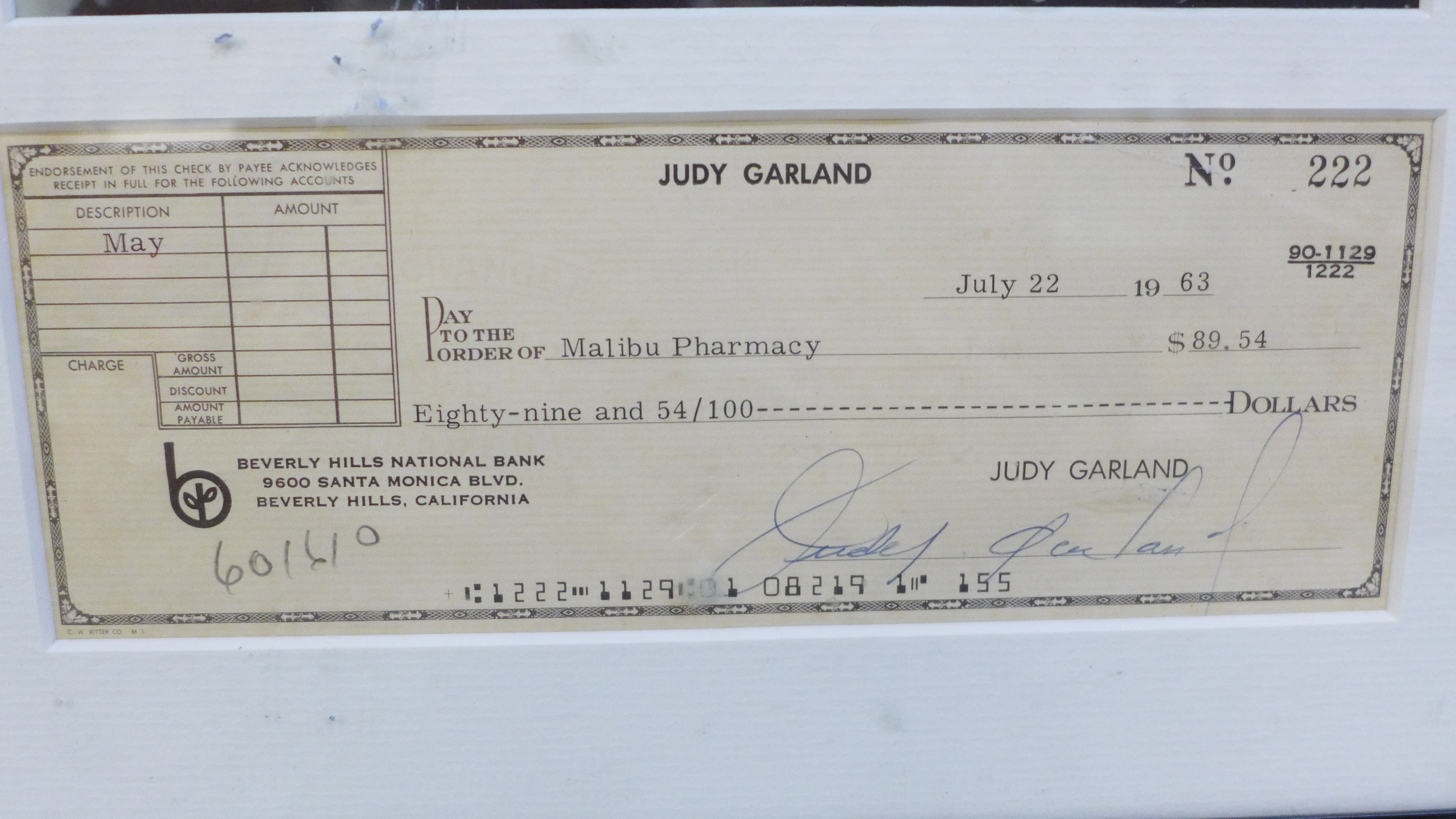 A Judy Garland signed cheque and photograph display with Rutland Autographs AFTAL registered C.O.A. - Image 2 of 3