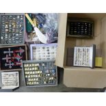 A box of mixed costume jewellery, earrings, fashion rings, bead necklaces, etc., and a set of Thomas